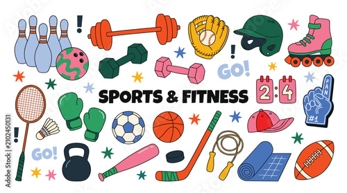 Sports and fitness element pack in a colorful doodle style, including bowling, weights, balls, bats, gear, hobbies, and activities.