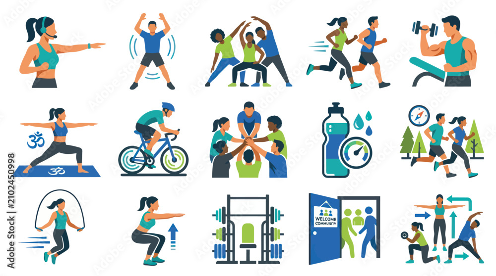 Fototapeta premium Flat Style Vector Icons Set for Fitness and Healthy Lifestyle