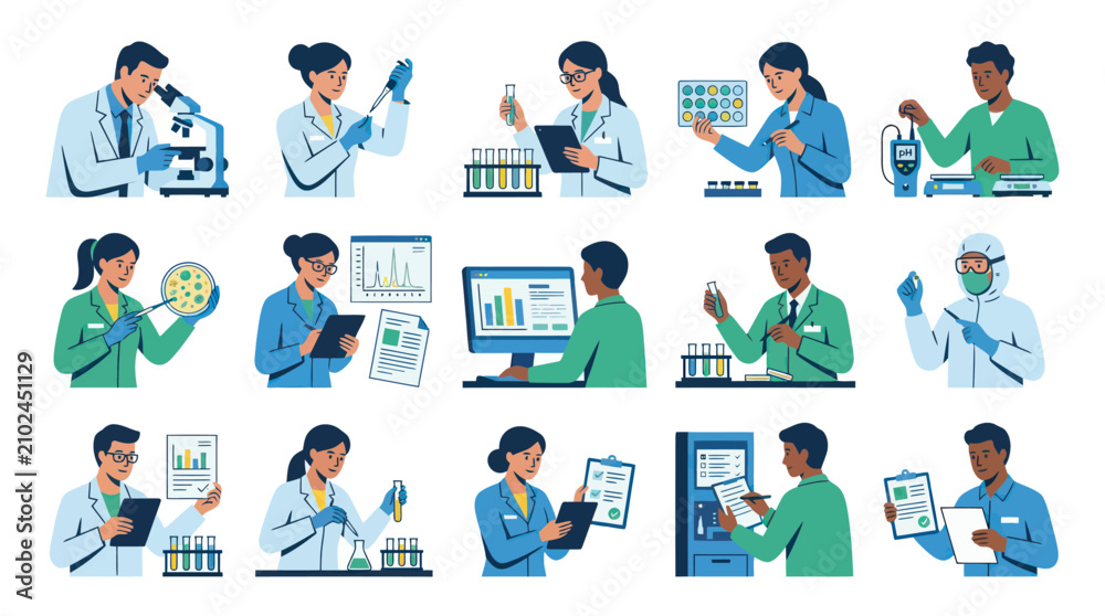 Fototapeta premium Scientists working in lab, flat vector illustration, technology and science