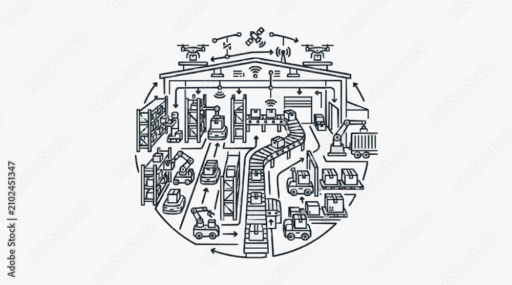 Obraz premium Minimalist Black and White Line Drawing of Smart Industrial Warehouse with Automation Drones and IoT Technology