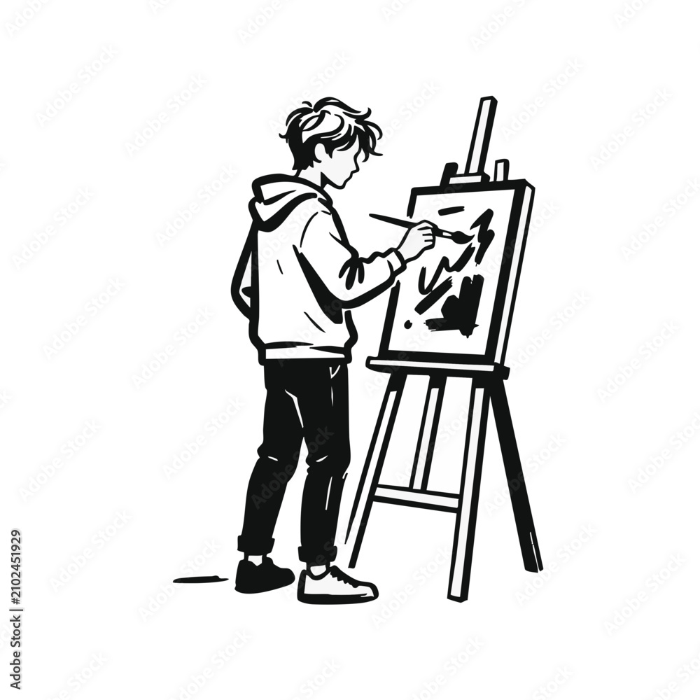 Fototapeta premium Teen painting on easel. Boy artist creating artwork on canvas. Minimalist line art vector illustration