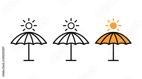 Umbrella icon set with sun symbols in various illustration styles and colors