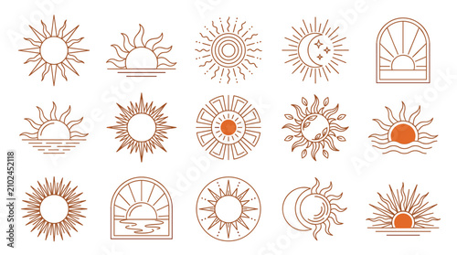 Celestial sun and moon decorative elements set, minimalist line, morning light, bohemian rays, stars, horizon, and shapes