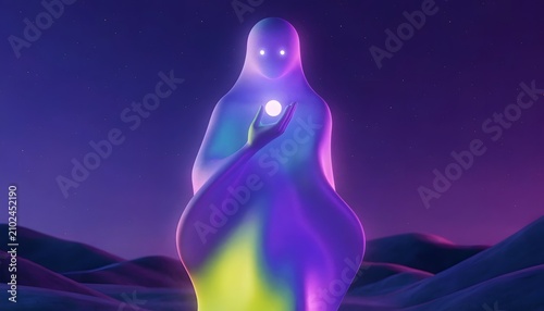 Mystical glowing ethereal entity holding a radiant light orb in a starry desert landscape. Spiritual energy and cosmic connection concept. Alien figure standing under twilight sky.