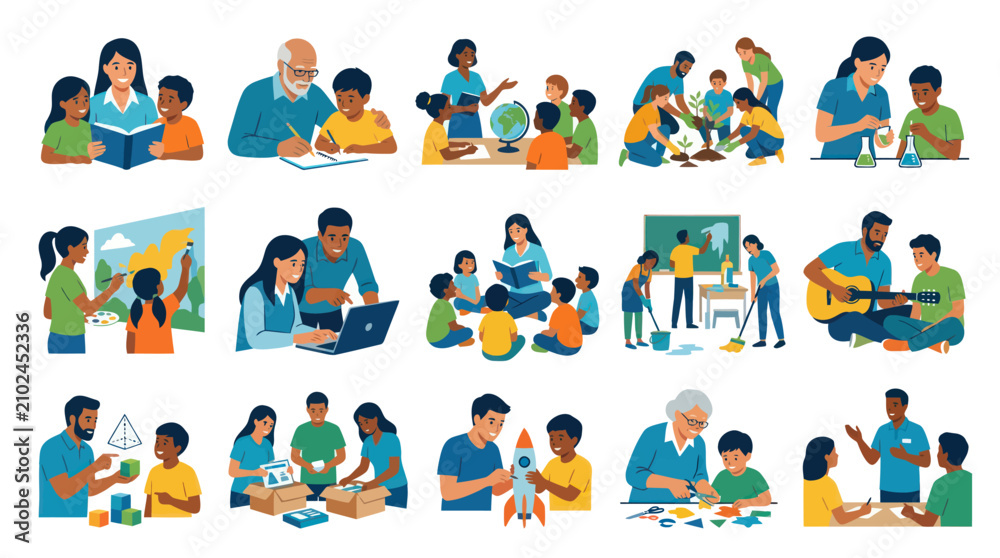 Fototapeta premium Diverse People Teaching and Learning, Education, Flat Vector Art Style