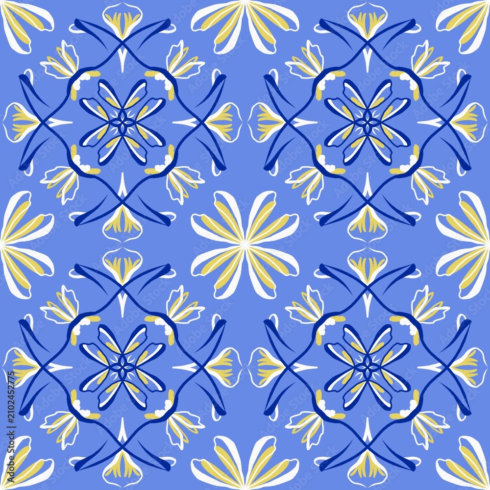 Fototapeta premium Mediterranean Summer Seamless Pattern with Lemons and Blue Portuguese Azulejo Tiles Wallpaper, hand drawn ink bleed brush