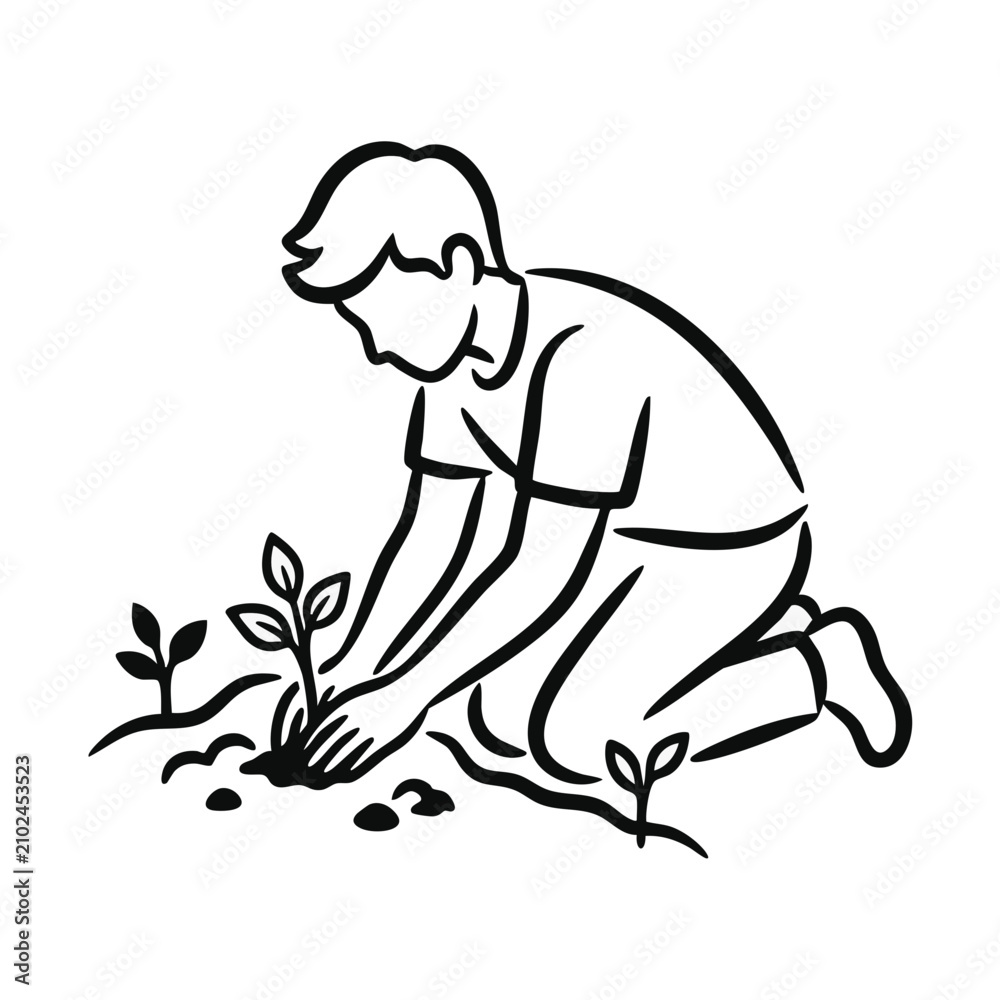 Fototapeta premium Teenager planting vegetable seedlings in soil line art. Young gardener and ecology concept. Minimalist black and white vector illustration