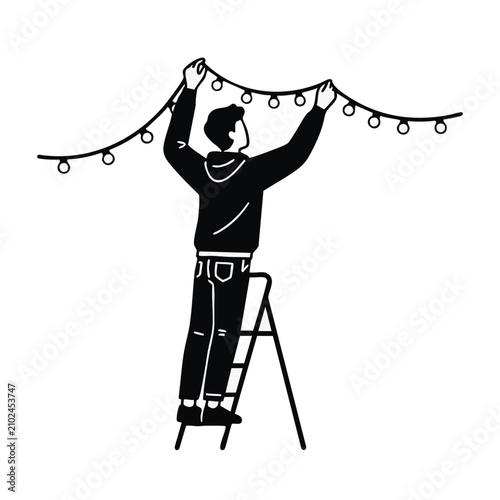 Teenager hanging party lights on a ladder. Event preparation and decoration concept. Black and white vector illustration isolated on transparent background