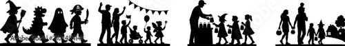 Photos Halloween trick or treat silhouette set shows costumed children collecting candy, joining a party, and walking at night