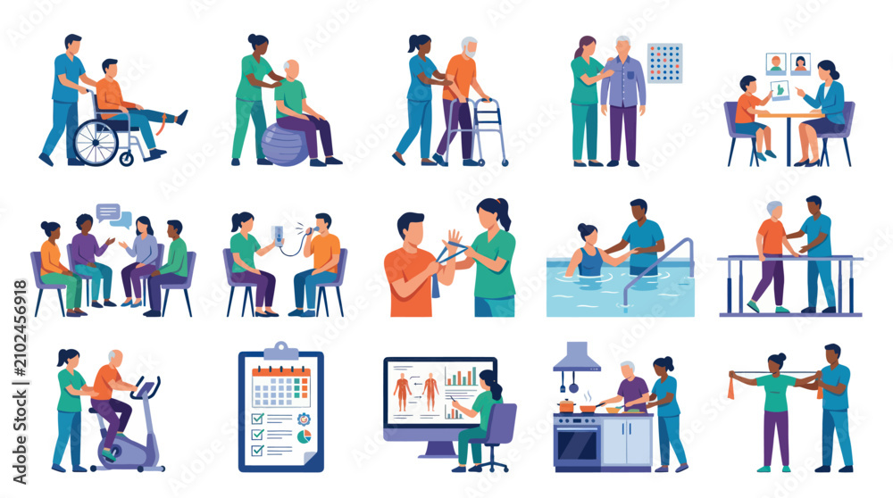 Fototapeta premium Flat Vector Medical Icons: Healthcare, Therapy, and Rehabilitation Scenes