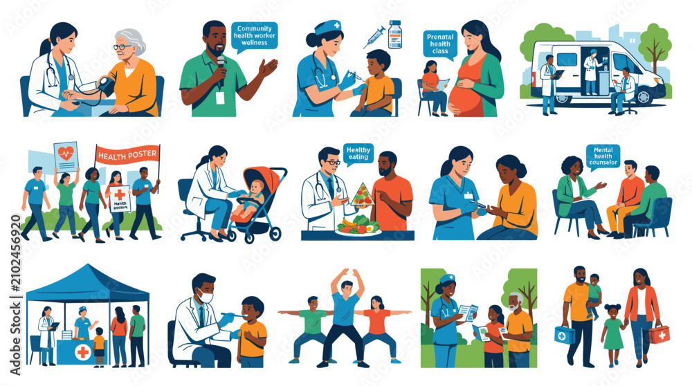Fototapeta premium Flat Vector Medical Health Care Scene Icons Collection - Diverse People