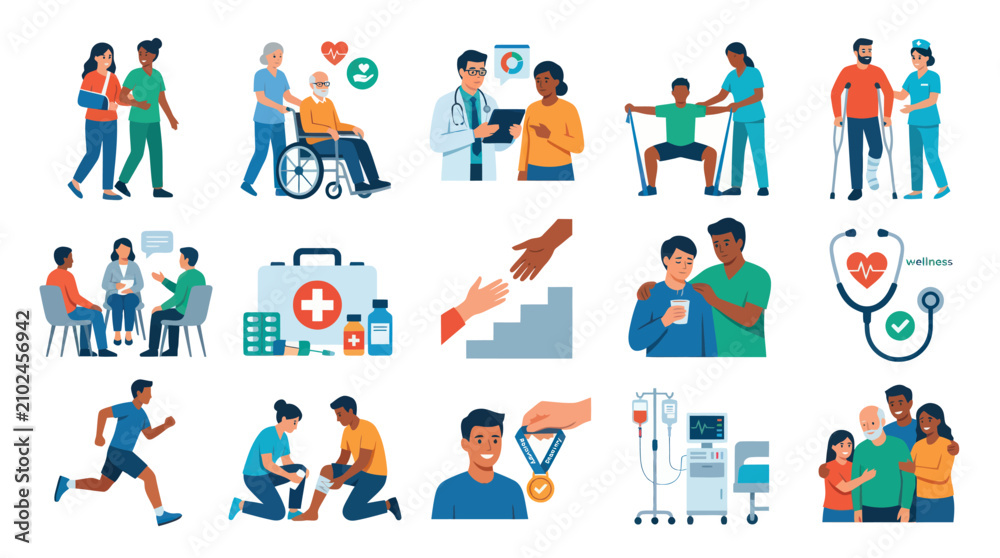 Fototapeta premium Flat Style Medical Healthcare Icons - Doctors, Patients, Hospitals, Wellness