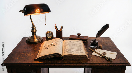 Vintage desk with open book and writing tools Vector, illustration
