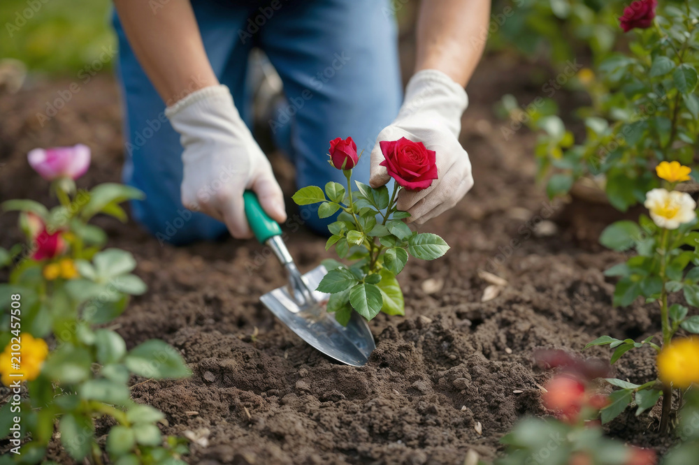 Fototapeta premium Gardener plants red rose in rich soil with care. Hands wear gloves, showing gentle effort