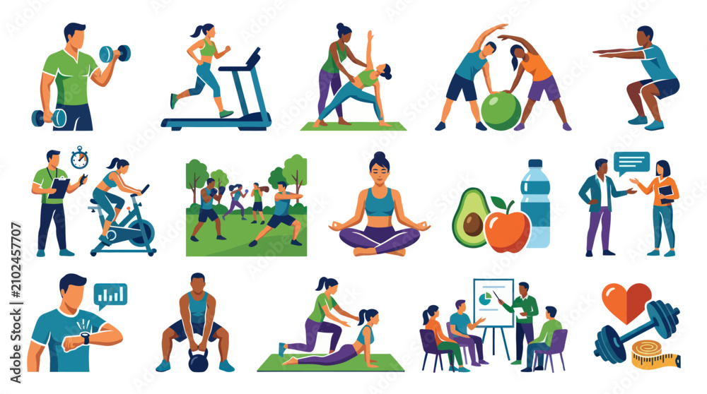 Fototapeta premium Flat Vector Health and Fitness Icons Set: People Exercising, Wellness, Coaching, and Healthy Lifestyle Activities