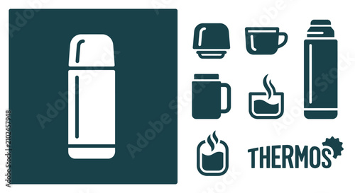 Foto Minimal dark teal thermos icon set with flat vector insulated flask, lid, mug, and cup icons