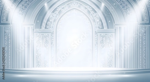 Bright stage with spotlights and arched entrance