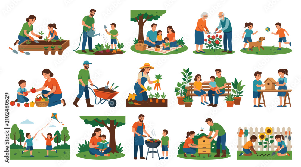 Naklejka premium Happy Family Gardening, Outdoor Leisure and Spring Activities Flat Vector Illustration Set