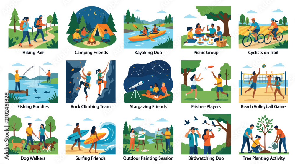 Fototapeta premium Outdoor Leisure Activities Flat Vector Illustration Set. People Enjoying Nature, Sports, and Recreation