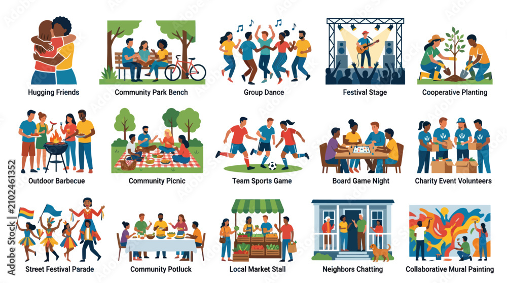 Fototapeta premium Community Events Flat Illustration Set: Hugging, Picnic, Festival, Sports, Planting