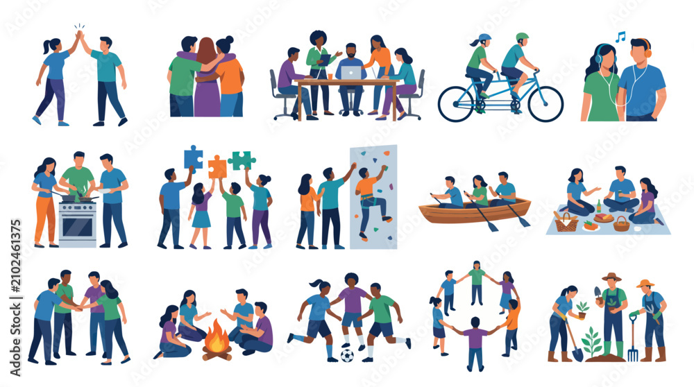 Fototapeta premium Flat Style Vector Icons - People Enjoying Leisure Activities Together