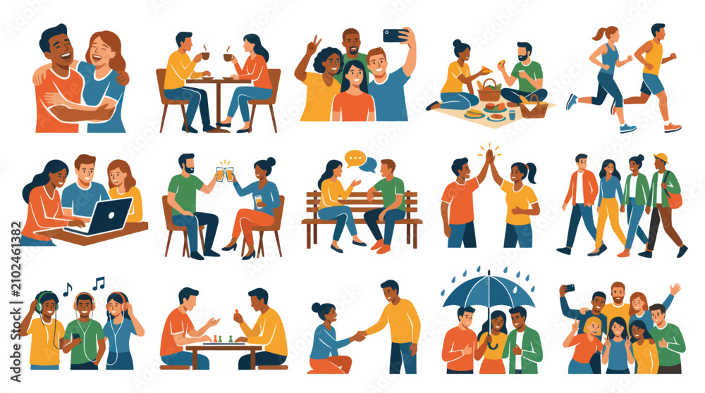 Fototapeta premium Lifestyle Friendship: Happy Diverse People Engaging in Social Activities - Flat Vector Illustration