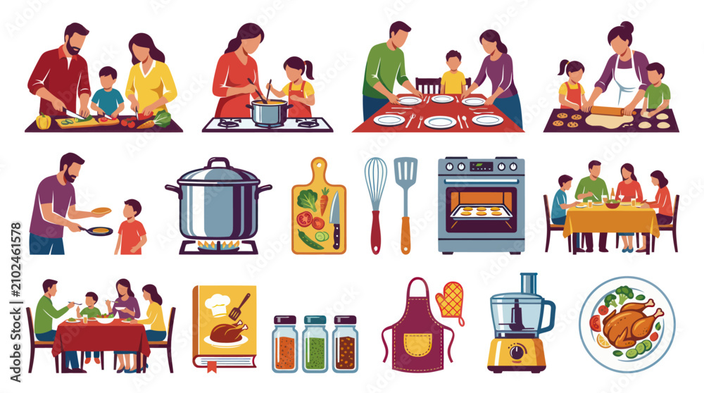 Fototapeta premium Flat Vector Illustration Set of Family Cooking, Food Preparation, and Home Dining Scenes