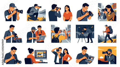 Professional Photography Flat Design Illustrations: Diverse Photographers, Cameras, and Editing Workflows