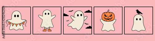 Bilde på lerret Set of cute halloween ghosts in various playful poses and costumes