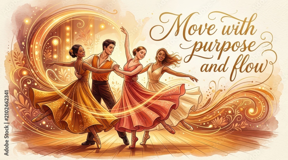 Obraz premium Elegant Ballet Dancers in Flowing Gowns Performing Graceful Choreography on Stage with Swirling Lights
