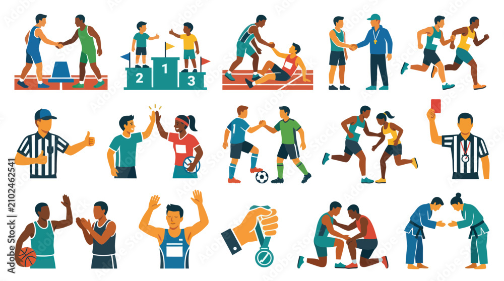 Fototapeta premium Sports Athletics Flat Illustration Set with Diverse Athletes, Coaches, Referees, Competitions, and Victory Concepts