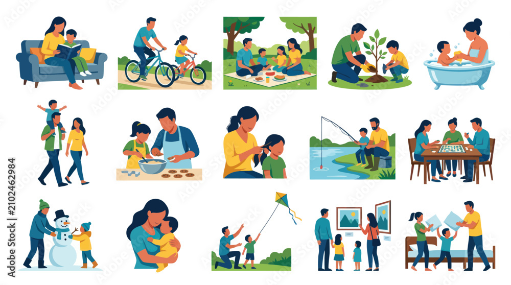 Fototapeta premium Family Life and Parenting Activities Flat Vector Illustration Collection of Parents and Children