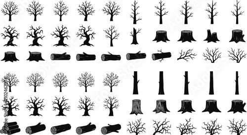 Large set of black tree silhouettes showing seasonal dormancy with bare branches tree stumps logs and detailed woody textures silhouette branches collection isolated illustration
