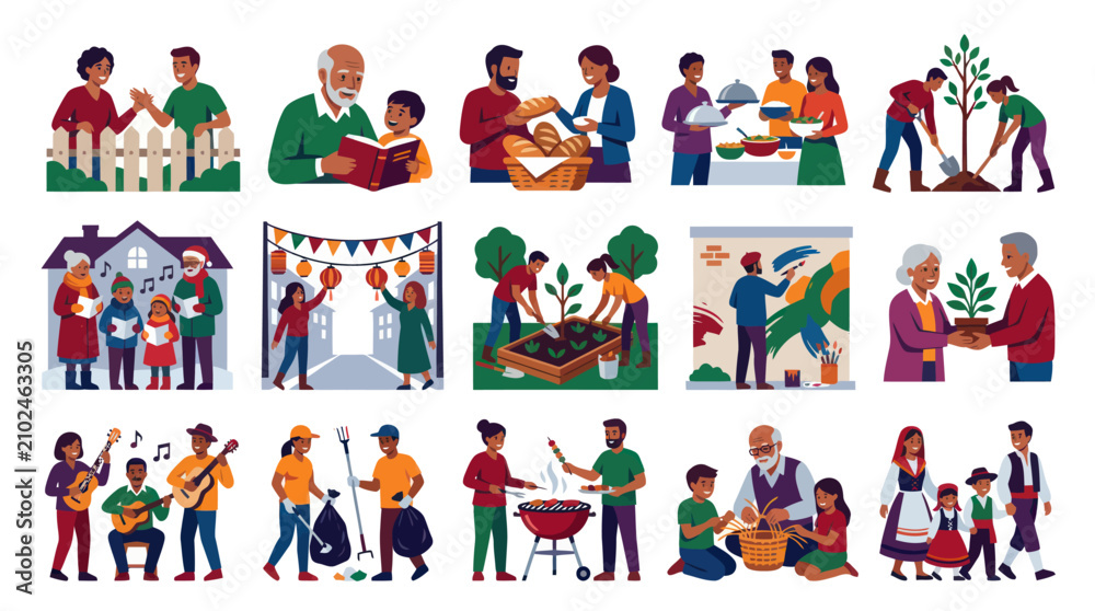 Fototapeta premium Community, Volunteering Social Activities Flat Vector Illustration Set
