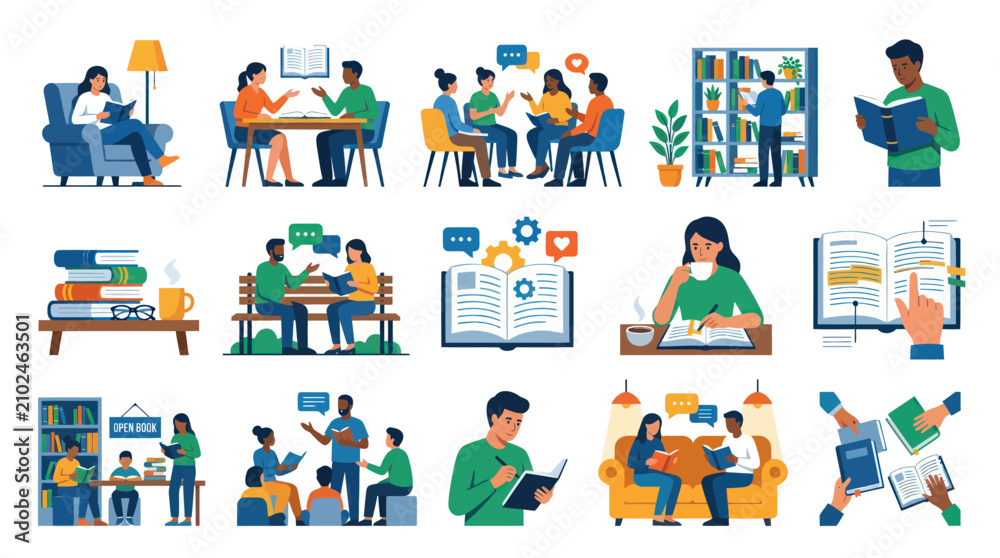 Fototapeta premium Flat Illustration of People Reading Books, Studying, and Learning