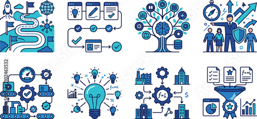 Corporate growth roadmap content workflow optimization organizational mind map and operational logistics management linear vector icon set