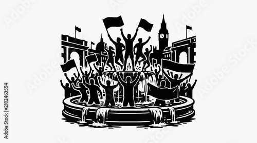 Schilderij op canvas Silhouette of protest crowd with raised hands and flags.