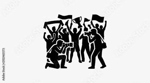 Schilderij op canvas Silhouette of protesting crowd with raised flags and banners.