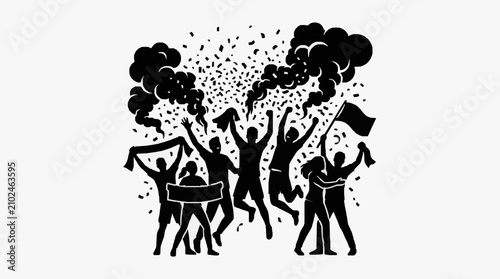 Fotografie Silhouette of protesting crowd with raised signs and smoke.