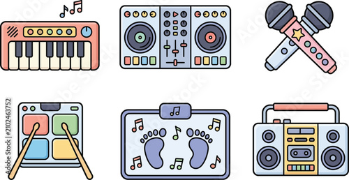 Foto Collection of musical instrument icons including keyboard DJ deck microphones dr