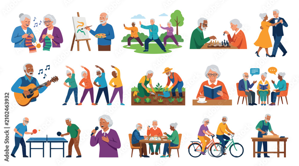 Fototapeta premium Active Senior Lifestyle Flat Vector Illustration Set: Elderly People Enjoying Hobbies Leisure Activities