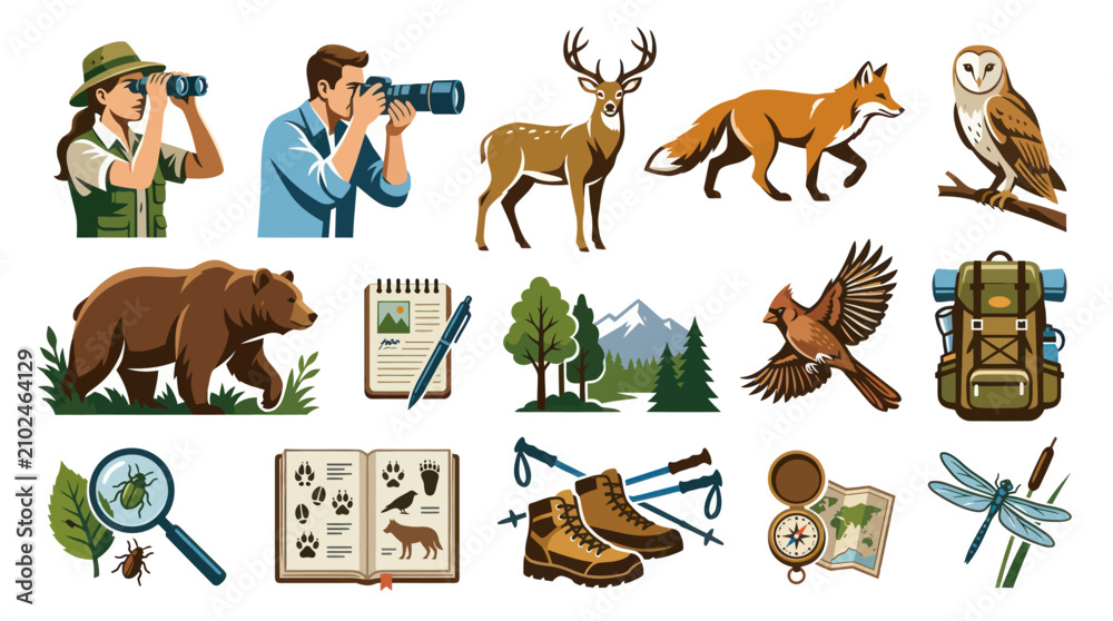 Obraz premium Flat Art Outdoor Nature Wildlife Exploration Icons Set Vector