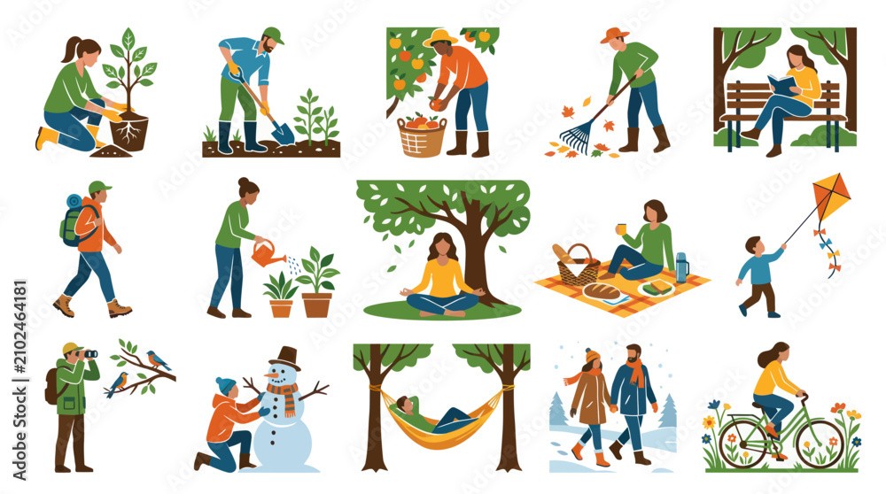 Fototapeta premium Flat Style Vector Illustration of Seasonal Activities and People