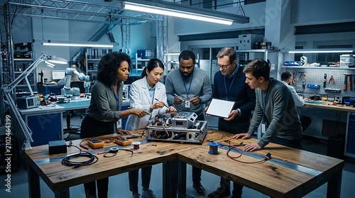 Diverse team of engineers collaborating on a technical prototype