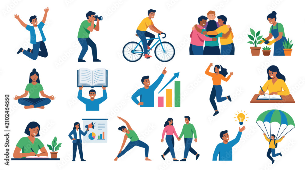 Fototapeta premium Modern Flat Vector Illustrations of People Engaged in Lifestyle, Business, and Personal Development Activities