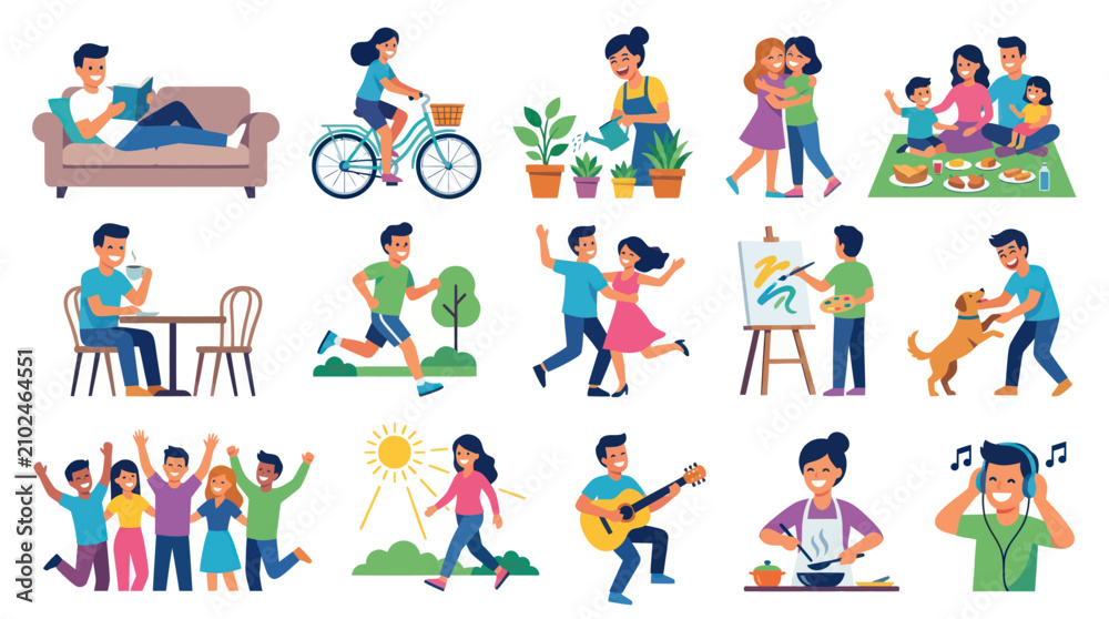 Fototapeta premium Flat Vector Lifestyle Activities Illustration Set: People Enjoying Hobbies, Family Time Daily Wellness