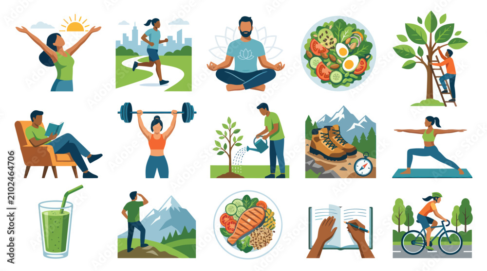 Obraz premium Healthy Lifestyle Flat Vector Illustrations: Wellness, Exercise, Nutrition, Nature, and Mental Health Activities
