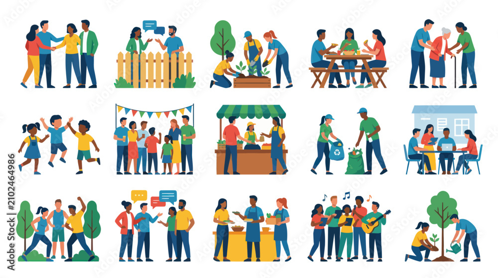Fototapeta premium Diverse Community Activities Flat Design Vector Illustration: Volunteering, Socializing Teamwork
