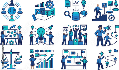 Corporate project management team collaboration strategic planning executive leadership and operational workflow linear vector icon set