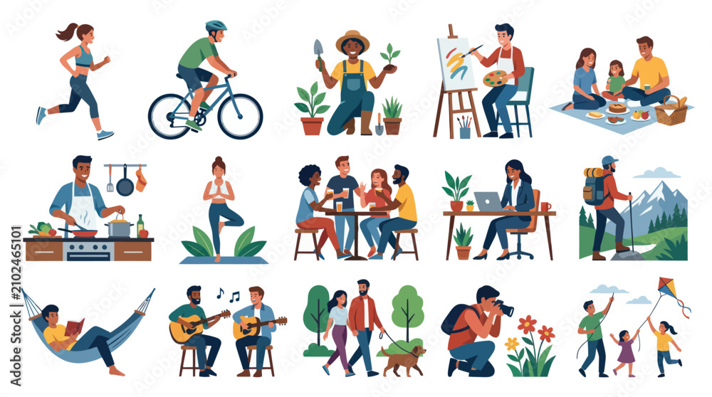 Fototapeta premium Happy people enjoying diverse hobbies and outdoor activities, flat vector illustration